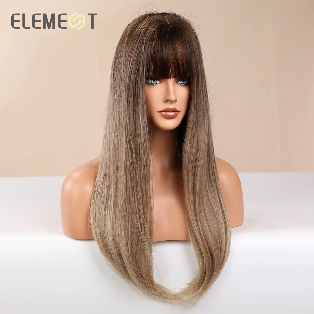 Element Long Straight Brown Root to Light Blonde Ombre Hair Wigs with Bangs for Women Heat Resistant Daily Party Cosplay Wig