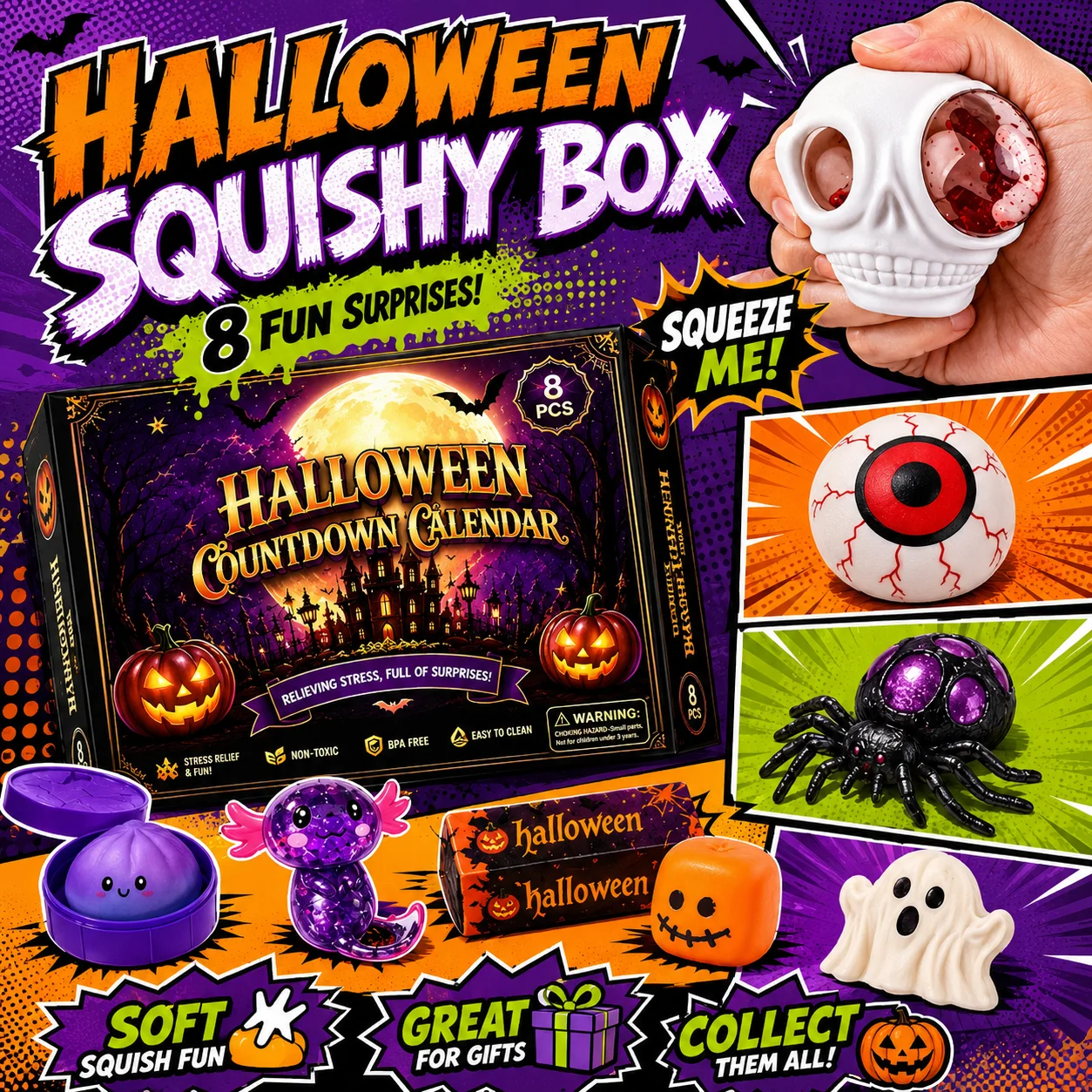 ハロウィンゴーストスクイッシーギフトボックス、ゆっくり戻るスクイーズフィジェット、感覚的なストレス解消、触覚デスクトイ、ノベルティパーティーグッズセット