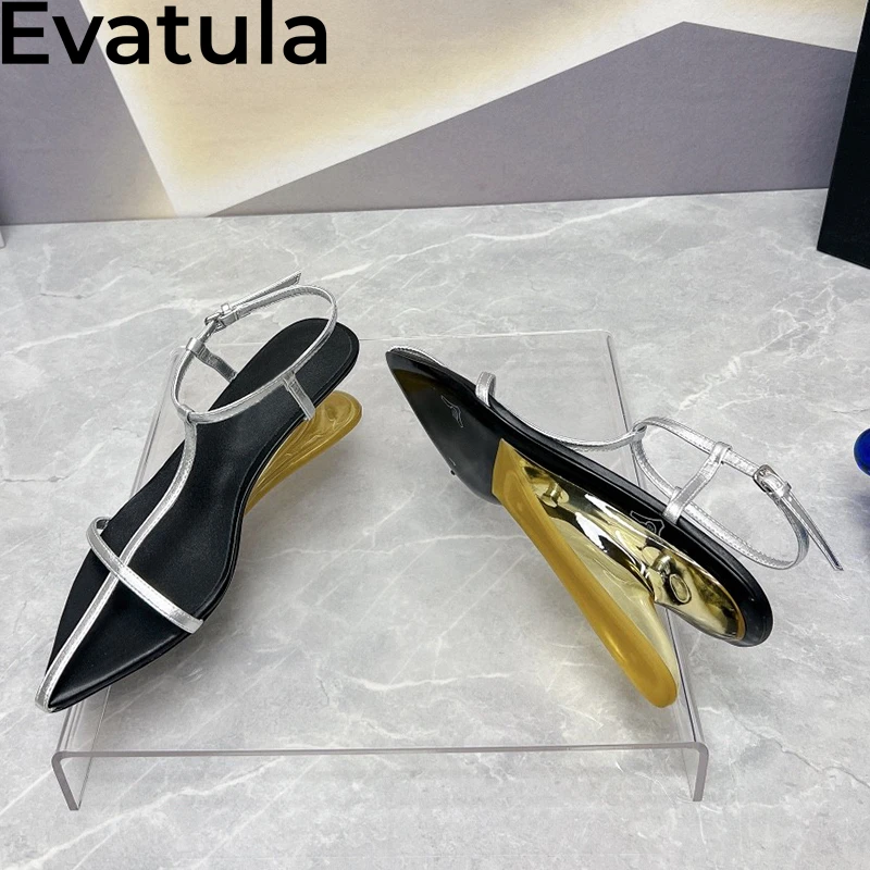 2024 Summer Pointed Toe Clear Mid Heel Sandals For Women Narrow Band Leather Ankle Buckle Rome Sandals Fashion Party Shoes Femme