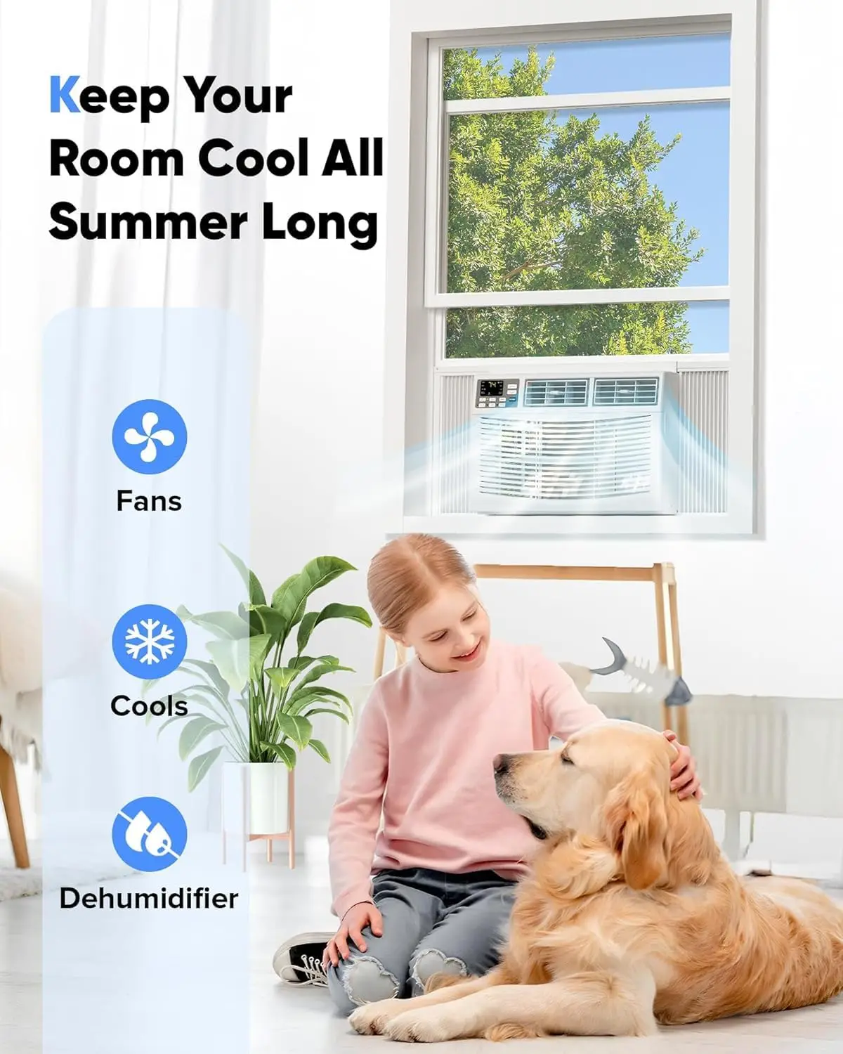 8000 BTU Window Air Conditioner with WiFi Ultra Quiet 3-in-1 AC Unit Remote Energy Efficient Cooling for Rooms up to 350 Sq. Ft.