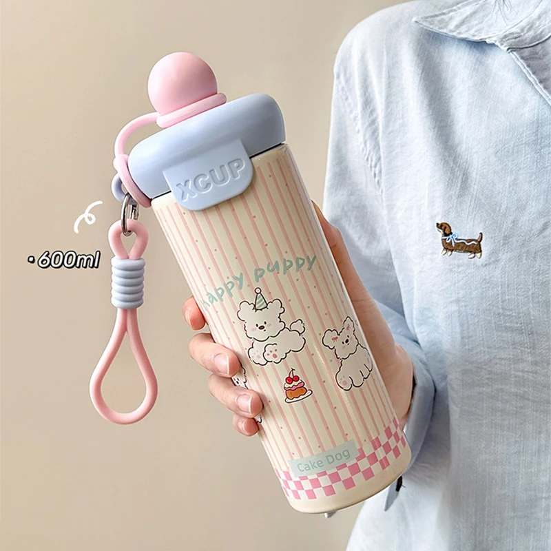 

Прочная изолированная бутылка для воды на 600 мл, милая термос из нержавеющей стали 316, герметичная с веревкой, термос для путешествий