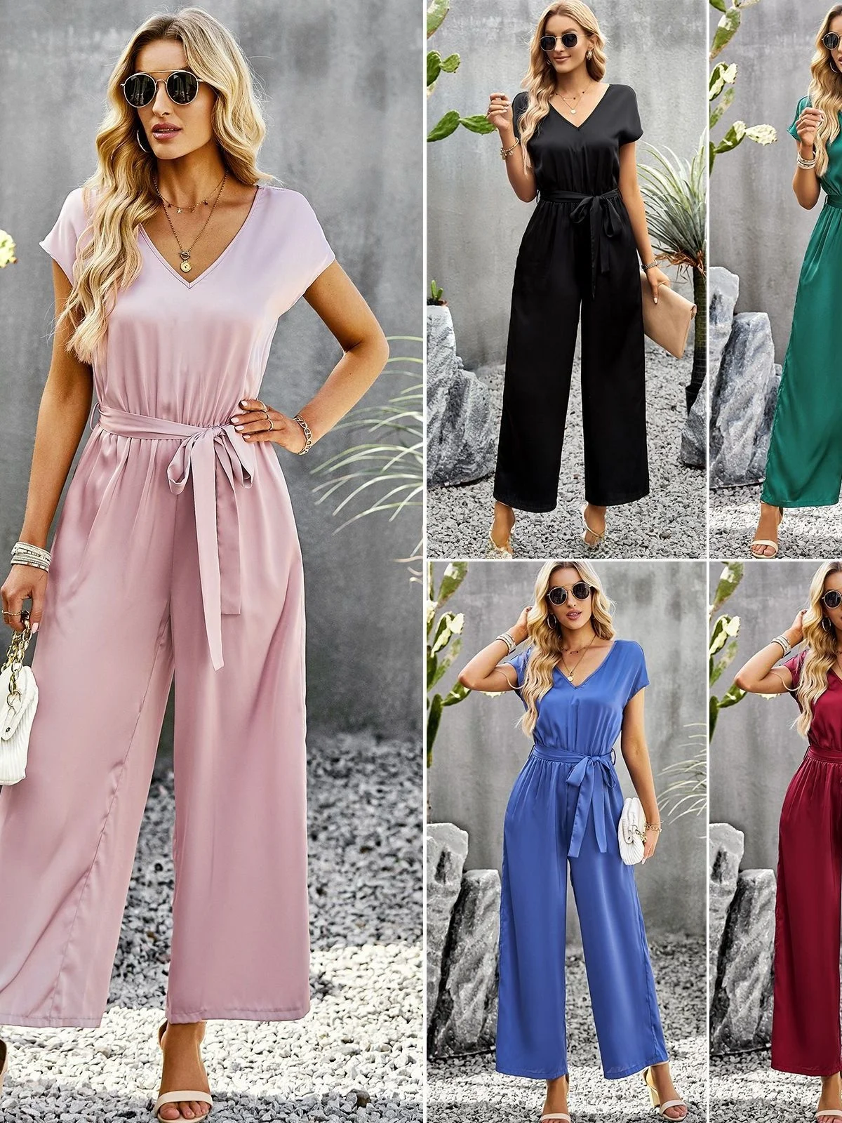 Casual Woon-werkverkeer Kleur V-hals Taille Cinched Geplooid ort Sve Losse Hoge Taille Wijde Pijpen Uit één stuk Negenpuntsbroek Dames