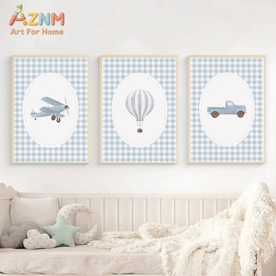AZNM Blue Gingham Transport Canvas Wall Art Watercolor Truck Plane Train Sailboat Hot Air Balloon Print Poster Cute Vehicle Art