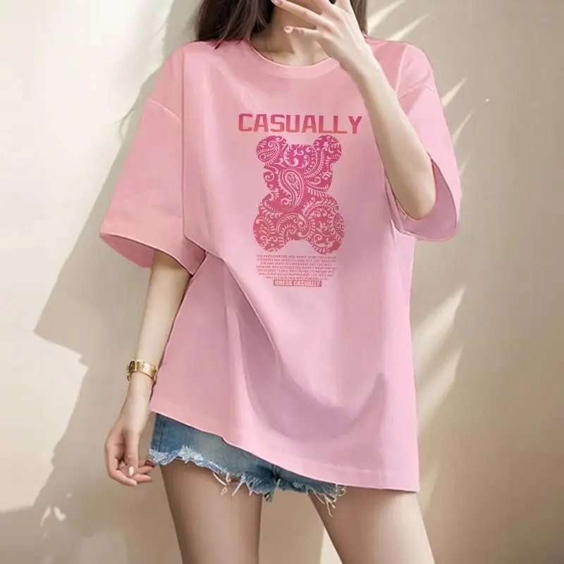 Women Clothing American Style Pure Cotton Basic T-shirt Summer Casual Loose Letter Print Top Tee Office Lady All-match Pullovers