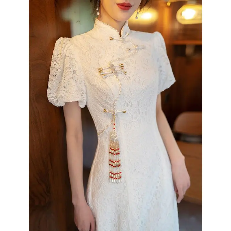 

Yourqipao White Cheongsam Dress for Women 2023 New Long-sleeved Chinese Wedding Toasting Dresses Women Engagement Evening Gowns