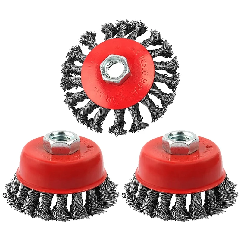 3 Piece 4 Inch Wire Wheel Cup Brush Set For Grinder Red Wire Wheels For 4 1/2 Angle Grinder For Heavy Cleaning Rust Stripping