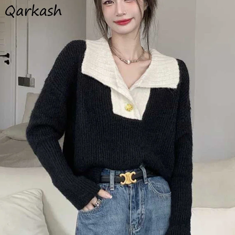 

Pullovers Women Sweaters Panelled Elegant Autumn Clothing French Style Lady Streetwear Party Casual Lazy Mujer Popular