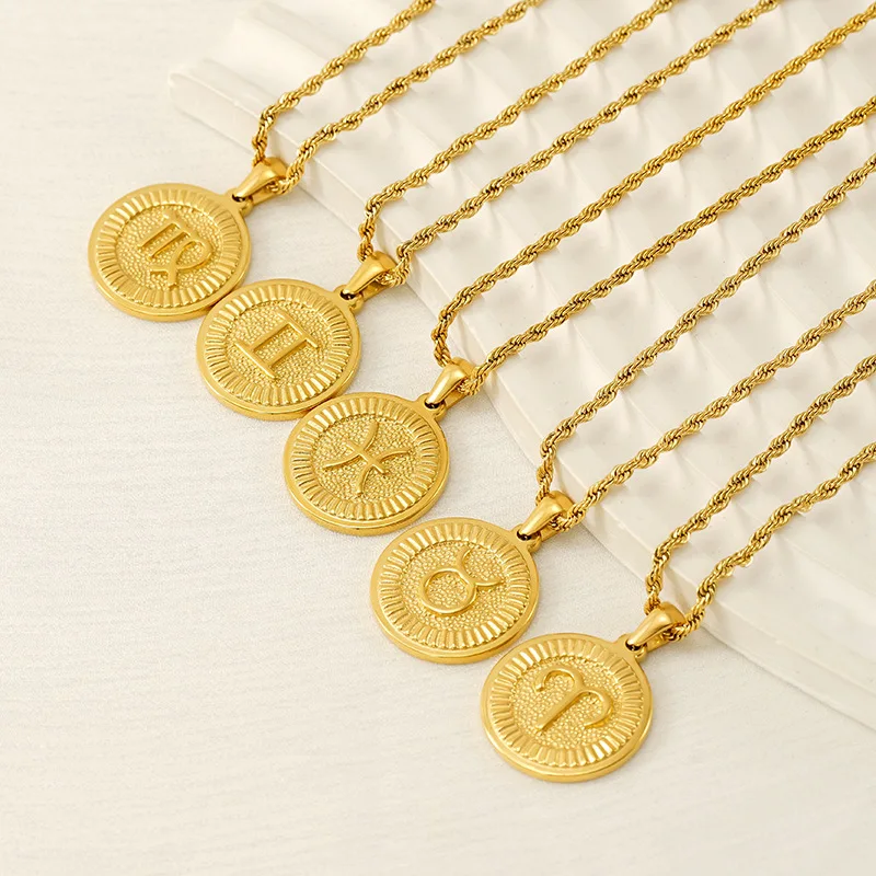 zodiac coin necklace 12 Zodiac Constellation Stainless Steel Necklace for Women Golden Amulet Vintage Plated Round Coin Pendant