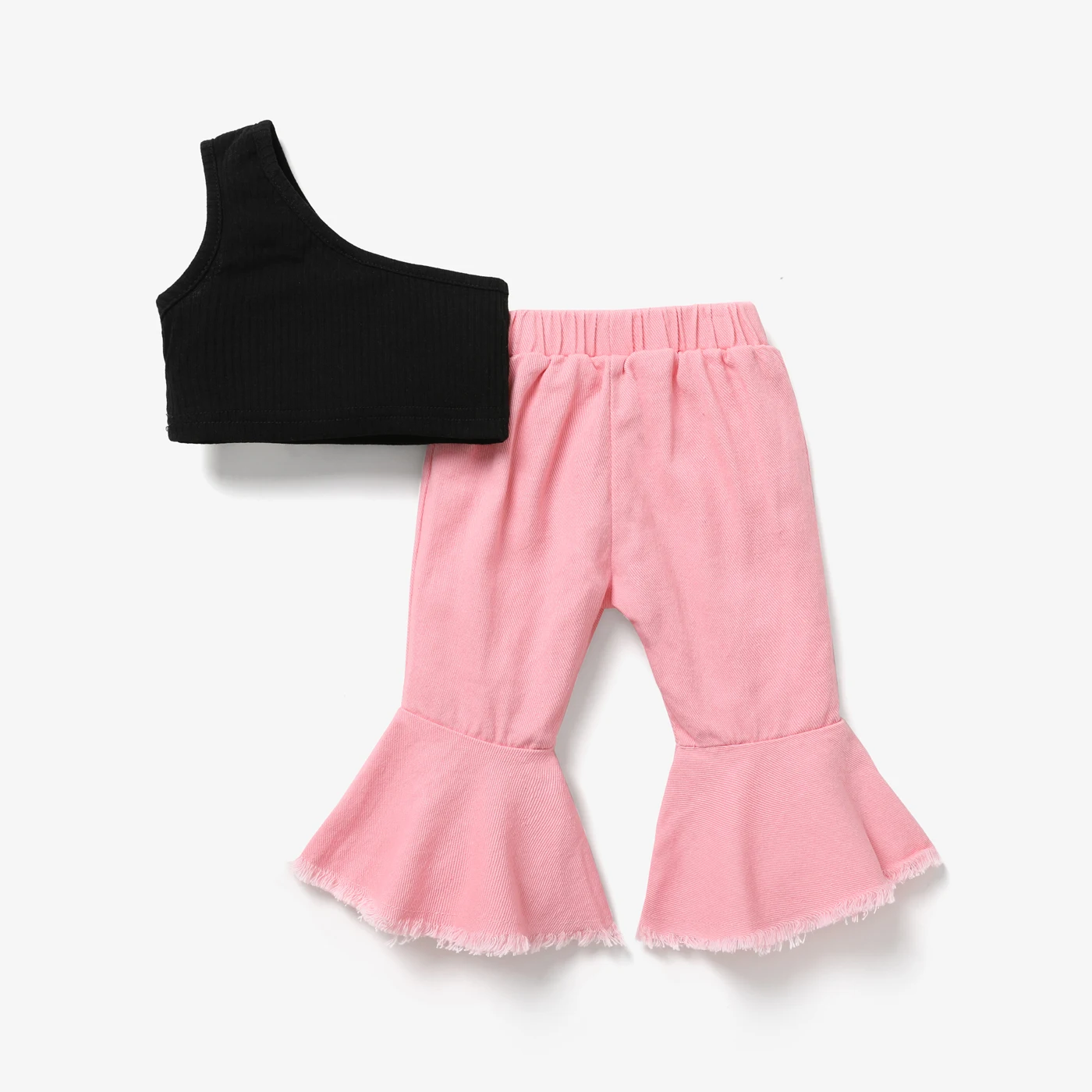 

Baby GirlCotton Ripped Denim Flare-sleeve Jeans and One Shoulder Crop Tank Top Set