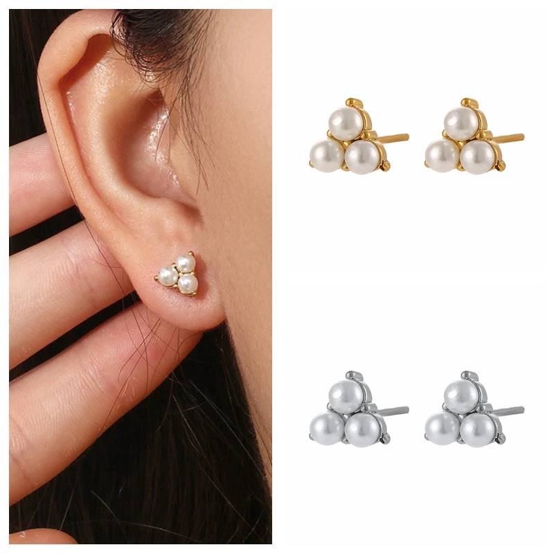 

High-Quality 925 Sterling Silver Needle White Three Pearl Stud Earrings For Women Versatile Piercing Earrings Fine Jewelry Gifts