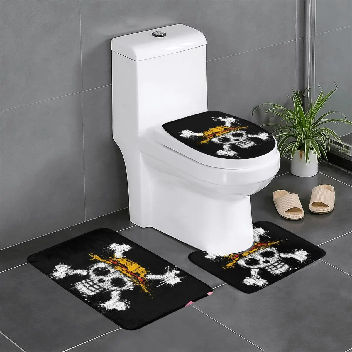 CustomOne Pieces Team Luffy Straw Hat Pirates Skull 3 Pieces Bathroom Rugs Absorbent Non Slip Luffy Anime Toilet Bath Mat Sets