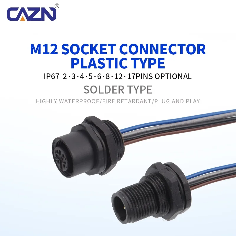 Factory Plastic M12 Solder Type Panel Mount Socket With 30CM Wires 2 3 4 5 6 8 12 17 Pins A B D Code Waterproof Socket Connector