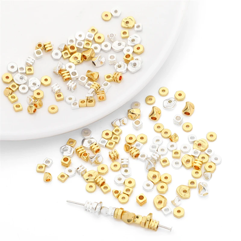 10Pcs Gold/Silver Plated Brass Flat Round Square & Irregular Shape Spacer Beads for Bracelet Earring DIY Jewelry Making Findings