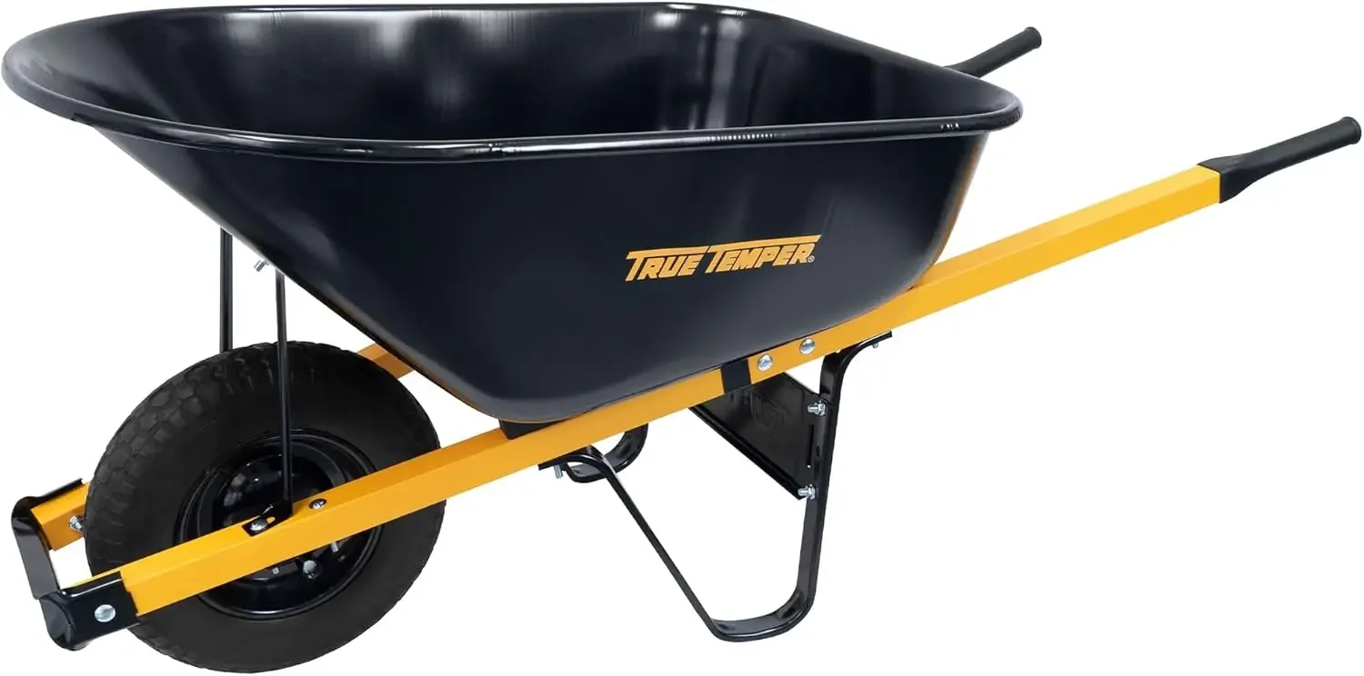 R6STFFEC 6 Cu. Ft Steel Tray Wheelbarrow with Never Flat Tire & Steel Handles, Black