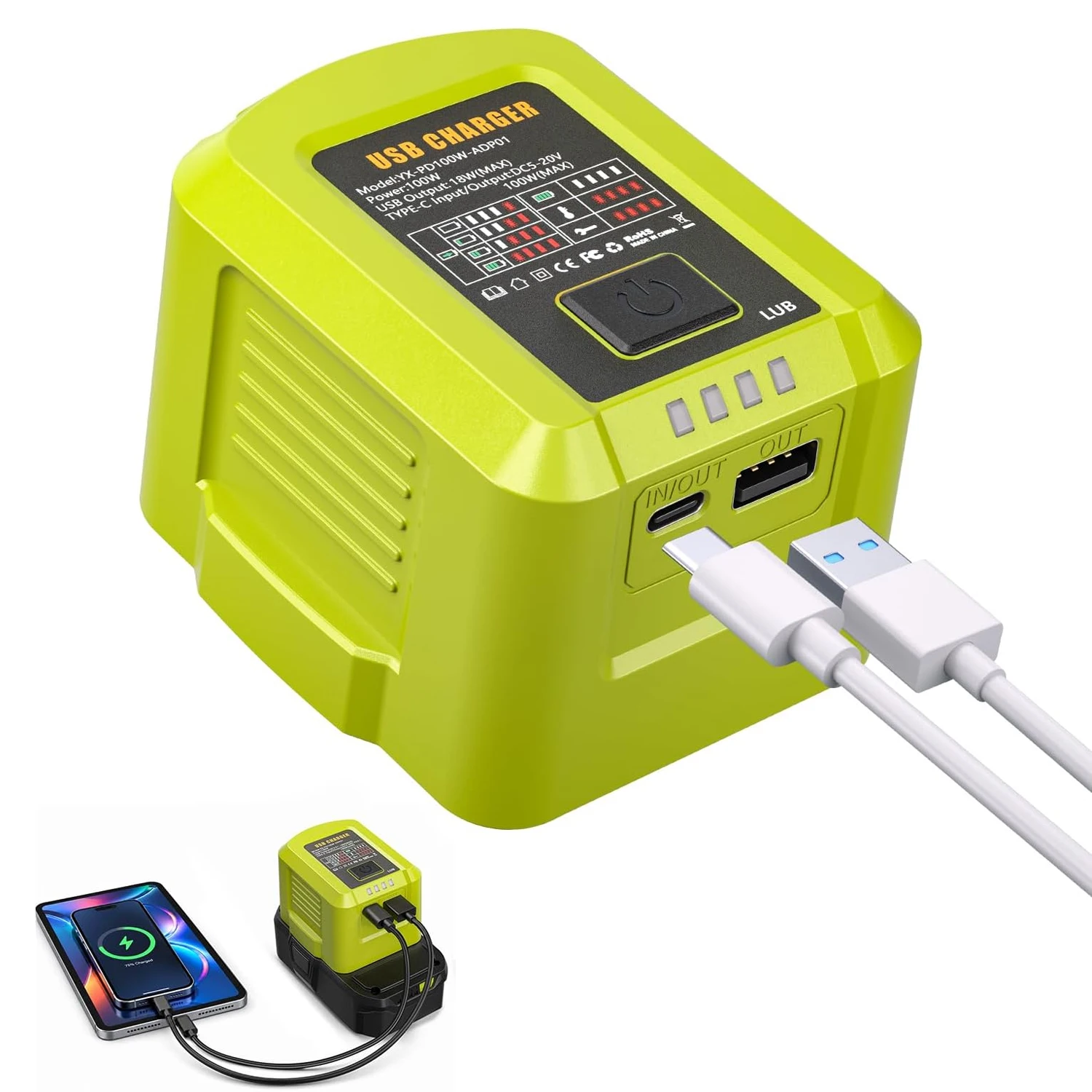 100W USB-C-Ladeadapter Kompatibel mit Ryobi 18V Akku, USB-A-Anschluss Schnelllade-Hub für Handys und Tablets (Nur Werkzeug) – Detail 1