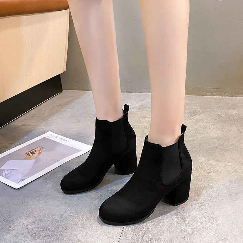 Botas Mujer 2023 Winter New Round Toe Flock Chelsea Boots Women Thick Heel Slip-On Retro Ankle Boots Women\'s Shoes Rubber Basic