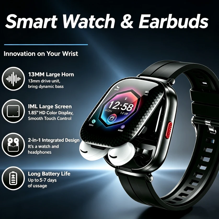 Nouvelle Montre Connectée 2-en-1 avec Écouteurs Intégrés 2026, Écran TFT Incurvé de 1,88 Pouces, Audio Sans Fil Portable avec Bracelet Métallique pour Musique et Appels Quotidiens