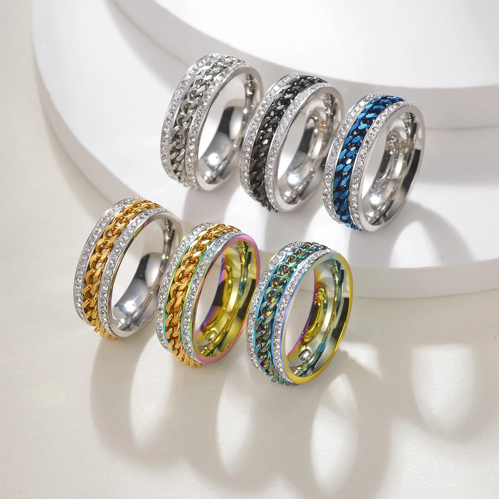 

Korean version titanium steel couple fashion ring titanium steel rotatable chain double row diamond inlaid ring women's jewelry