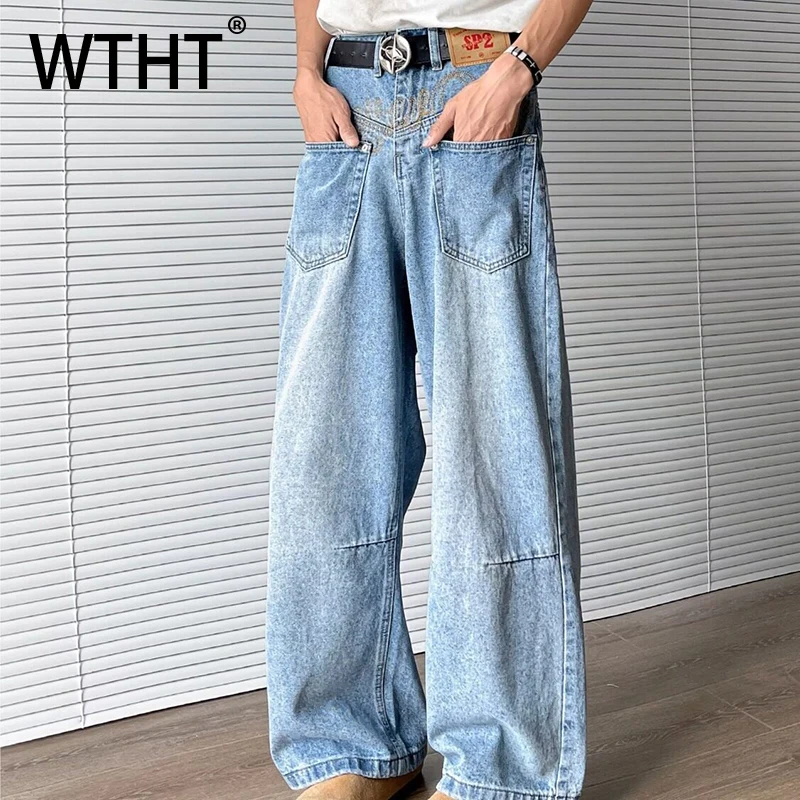 

WTHT Vintage Men's Gradient Pockets Spliced Straight Denim Pants New Fashion Summer Wash High-waisted Loose Jeans Male 2A0175