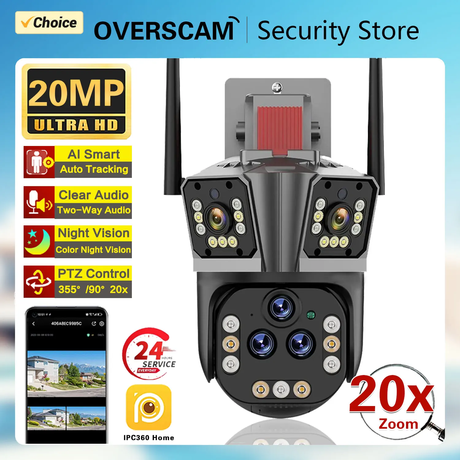 

10K 20MP WiFi IP Camera Five Lens 20X Zoom Outdoor 360° Surveillance Security Camera Smart Home Ai Tracking CCTV Camera IPC360