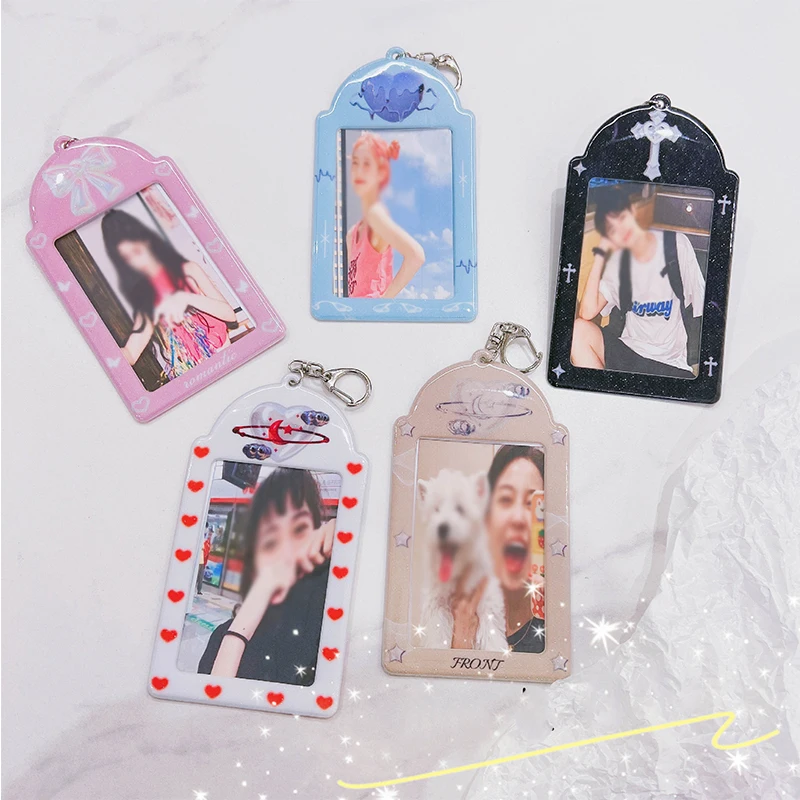 Cute Love Bow Photocard Holder Keychain K-pop Idol Photo Sleeve ID Card Cover Student Bag Pendant Charm Three Inch Card Sleeve