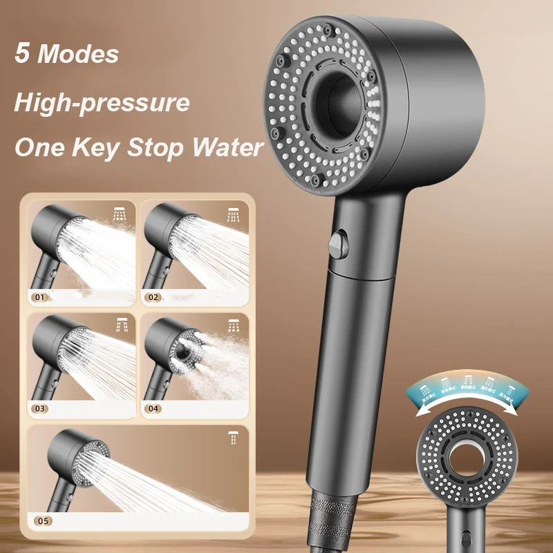 High Pressure 5 Modes Adjustable Shower Head with Filter Big Boost Pure Water One Key Stop Water Showerhead Bathroom Accessories