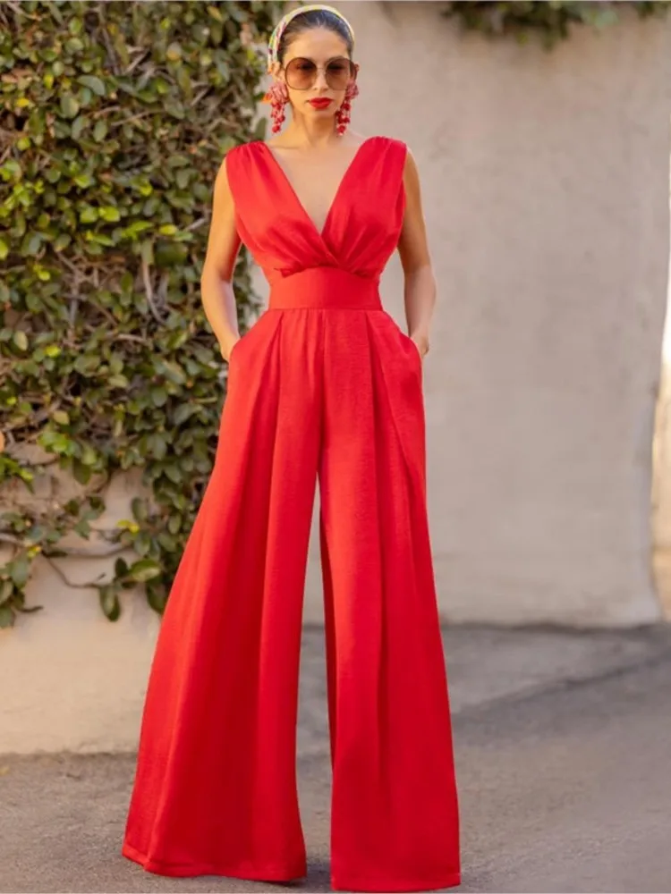 Jumpsuit Women Summer New Sleeveless Sexy Deep V-neck Solid Color High Waist Wide Leg Jumpsuits Elegant Commuting Lady Playsuits