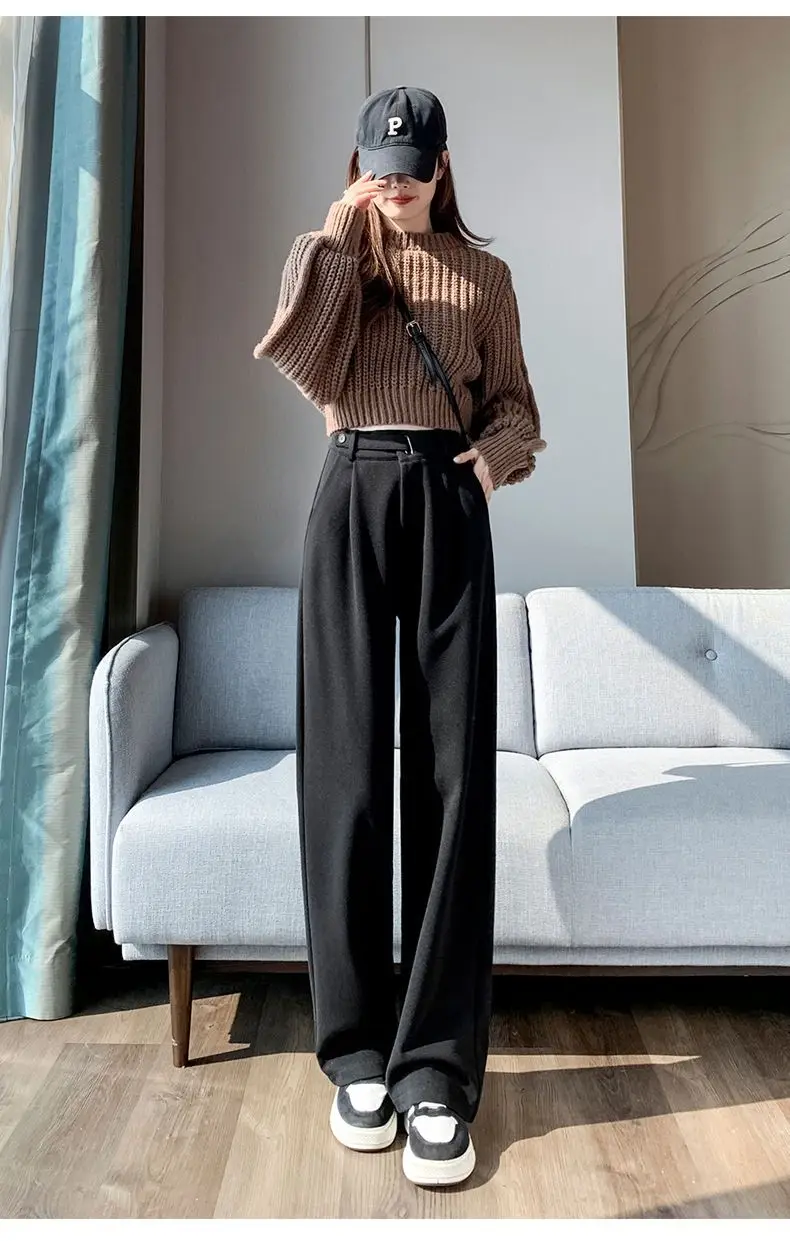 Brown Woolen High-end Suit Pants for Women in Autumn and Winter 2023 New Narrow Version Straight Wide-leg Pants with Drape