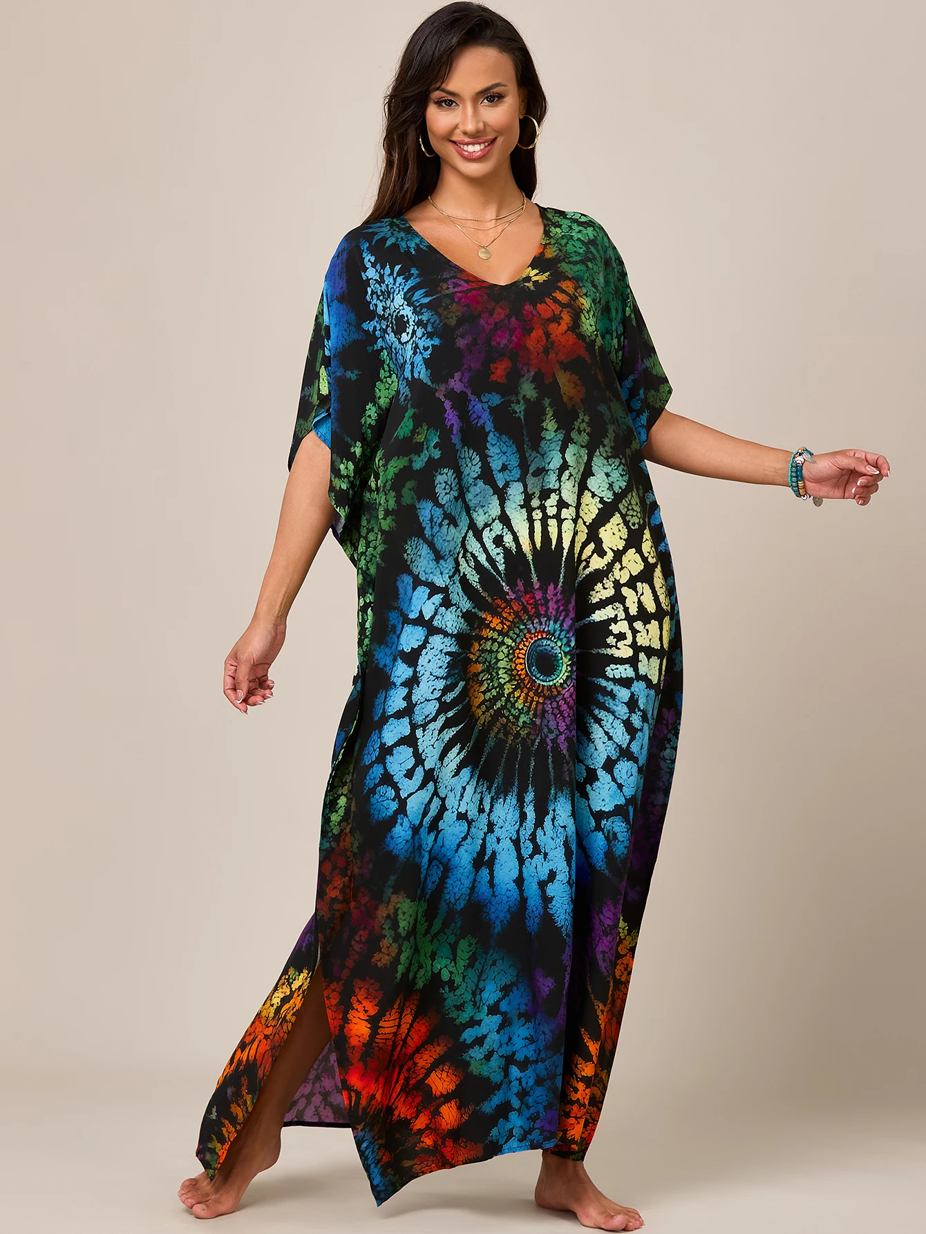 

Women's summer beach ethnic cotton printed V-neck side slit resort dress bikini cover-up