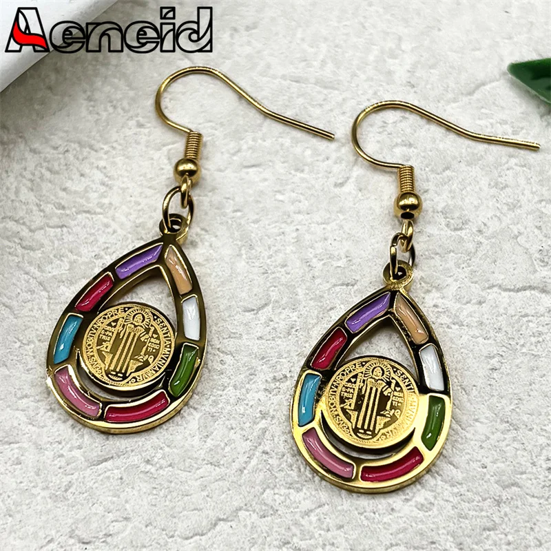 Oval Enamel Saint Benedict Pendant Drop Earrings for Women Men Stainless Steel Gold Color Earring Catholic Jewelry San Benito