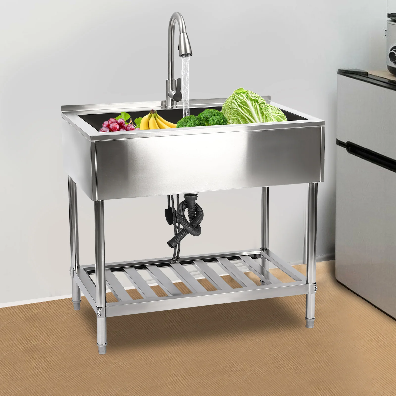 

Rectangle Stainless Steel Kitchen Sink Laundry Sink Silver Sink With Faucet 91*59*87cm For Washing Utensils, Ingredients