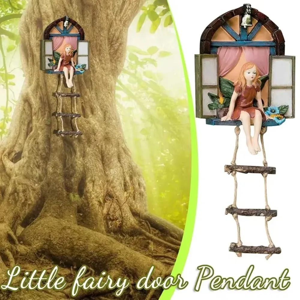 New Resin Window Ladder Statue Climbing Stairs Wall Mount Figurine Fairy Statue Garden Supplies Garden