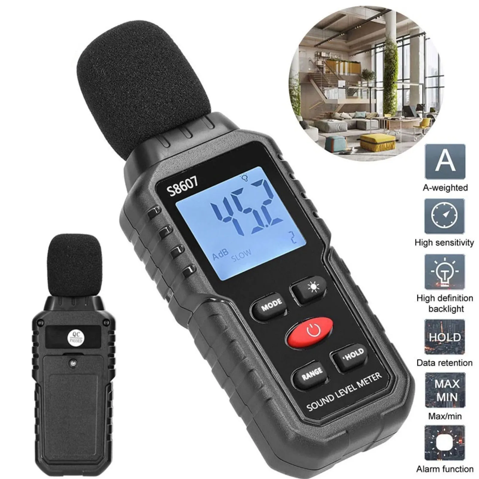 Handheld Decibel Meter with LCD Display, 30-130dB Noise Tester for Home Office Factory, Fast/Slow Response