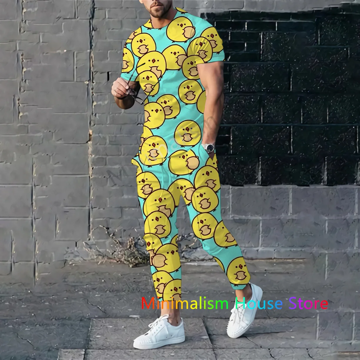 2 Piece Set Outfits Summer Tracksuit For Men Trousers Yellow Duck Print Short Sleeve T Shirt+Long Pants Casual Suit Male Clothes