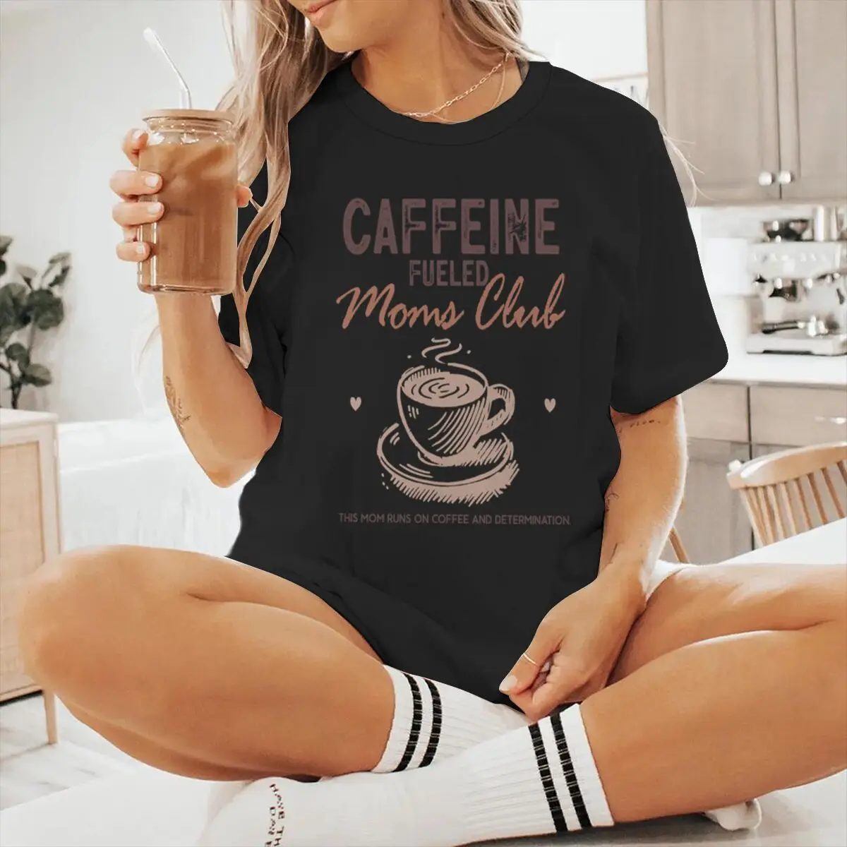 Caffeine Fueed Mom Club Print T Shirt Fun Mom Life Shirts Vintage Coffee Lover Mother’s Day Tees Short Sleeve Tops Gift For Mama