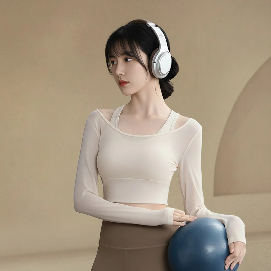 Women's Long-Sleeved Mesh Sports Top with Chest Cushion for Running Pilates Training Fitness Two-Piece Workout Suit