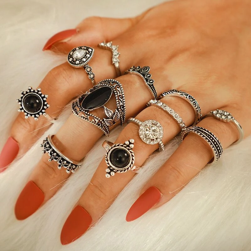 30 teil/los Großhandel Fabrik Vintage Shell Geschnitzte Blatt Finger Ringe Für Frauen Schwarz Emaille Große Blume Stern Mond Party Schmuck geschenk – Detail 15
