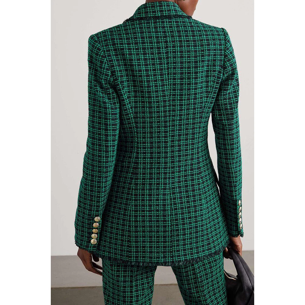 Luxury Green Checkered Double Breasted Button Women Suit Custom Made Long Sleeve Evening Fashion Wear 2 Pieces