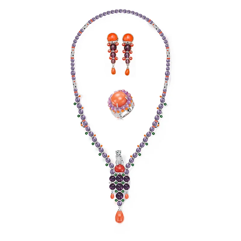 Designer Collection Style Long Necklace Earrings Ring Inlay Cubic Zircon Leopard Panther Purple Beads Chain Party Jewelry Sets