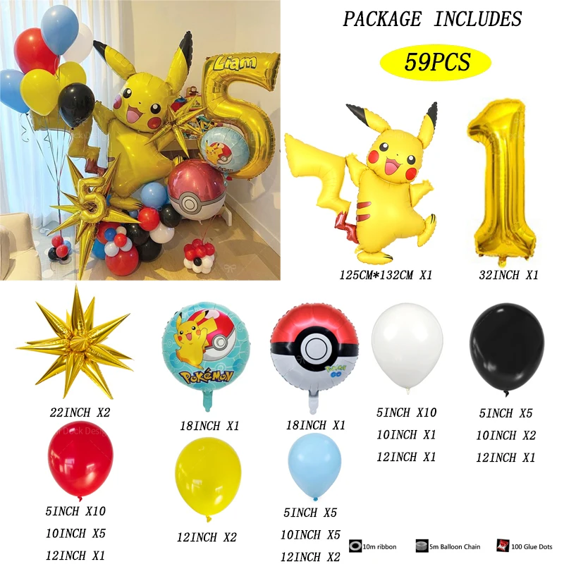 59pcs Cartoon Pokemon Pikachu Theme Foil Balloons Set Gold 1-9 Number Kids Birthday Baby Shower Party Decoration Supplies