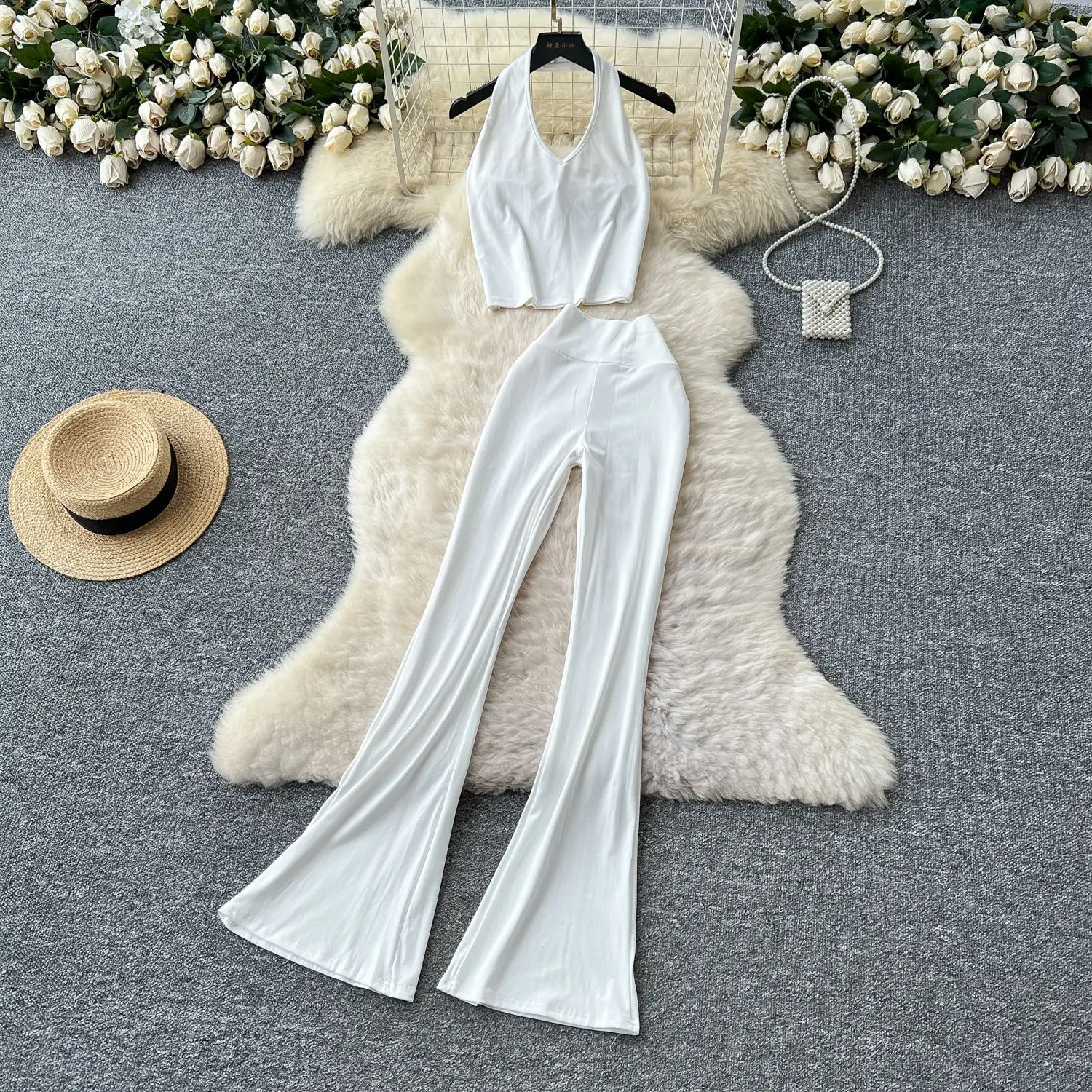 

Two Piece Sets Women Pant Set Halter V Neck Sexy Matching Sets Short Tops Long Flare Pants High Waist Y2k Streetwear Elegant