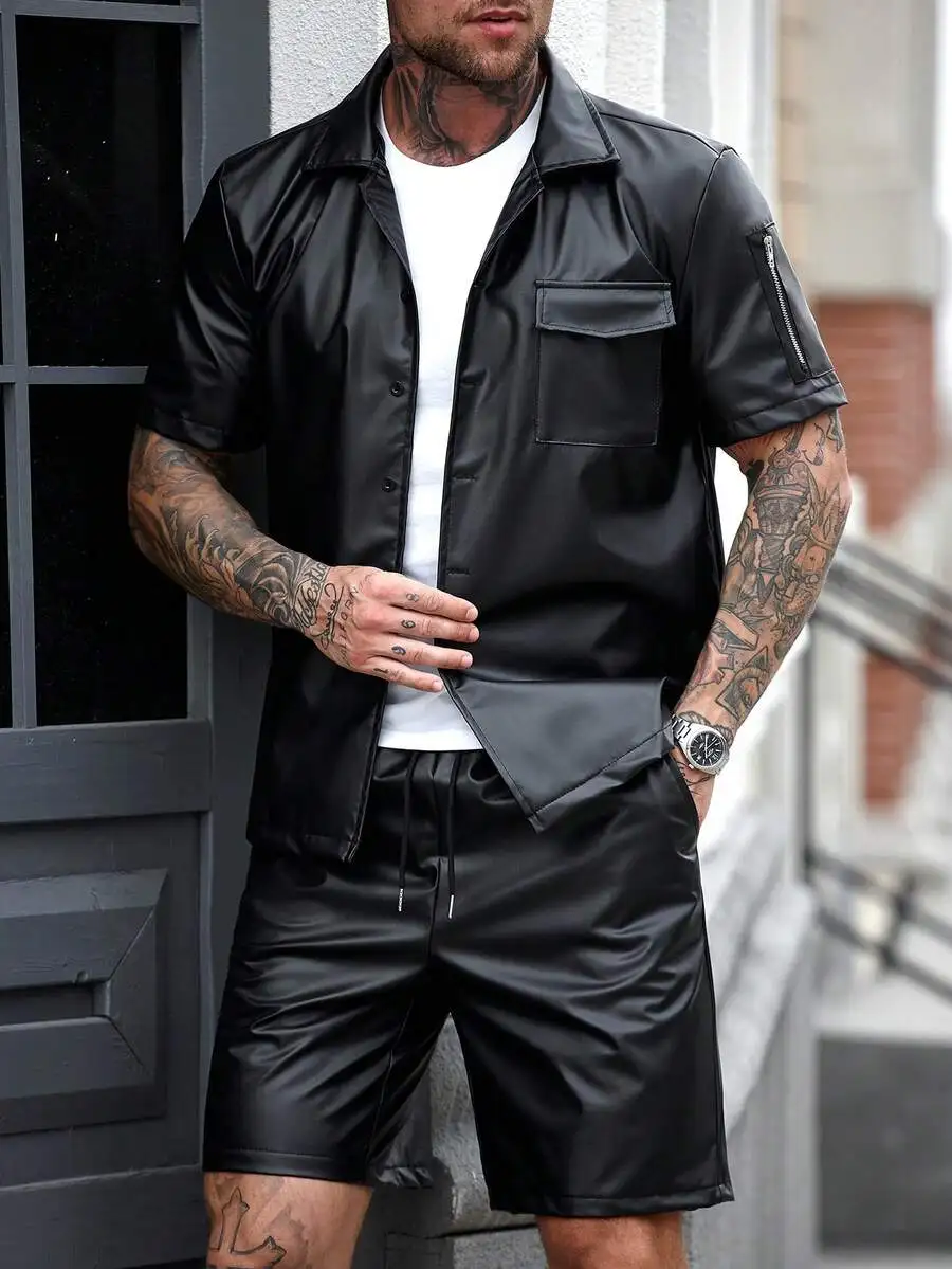 

SLATEMANN Men's Solid Front Button Short Sleeve Shirt And Drawstring Waist Pocket Shorts Set Outfits Sets Men Fashion Clothes 2