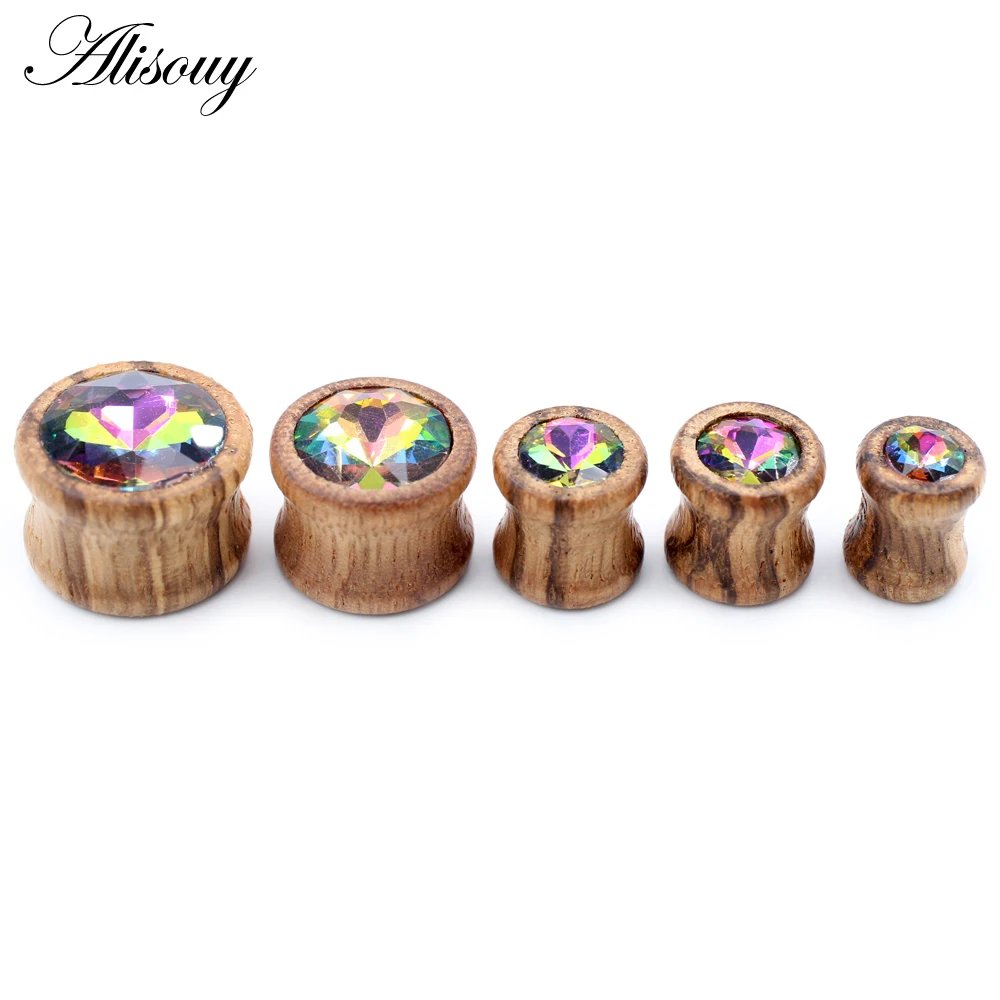 Alisouy 2pcs 8-20mm Star Flower Crystal Natural Wood Ear Tunnels Plugs Expander Stretchers Gauges Earrings Piercing Body Jewelry