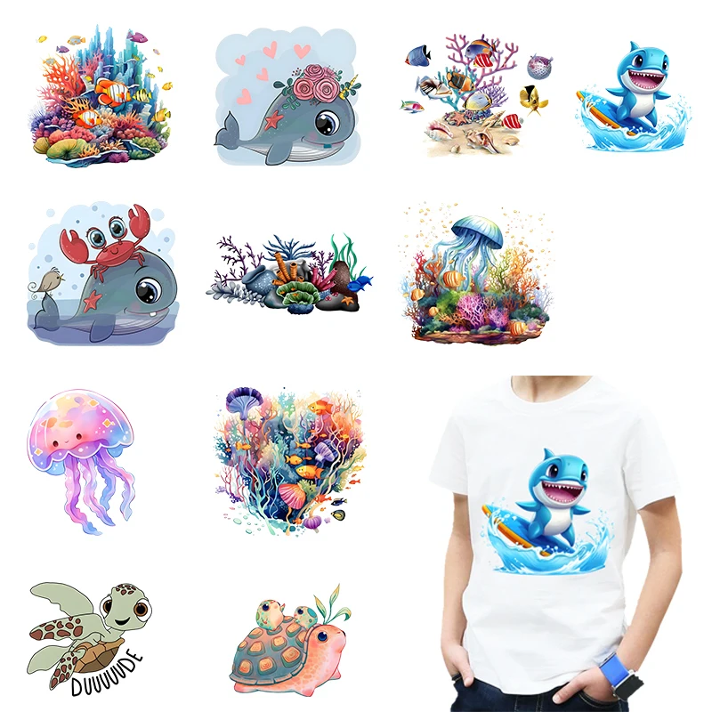 1PCS 15CM Cute Marine Animal Heat Transfer Washable Children's T-shirt Sticker Turtle Coral Jellyfish Colorful Iron On Sticker