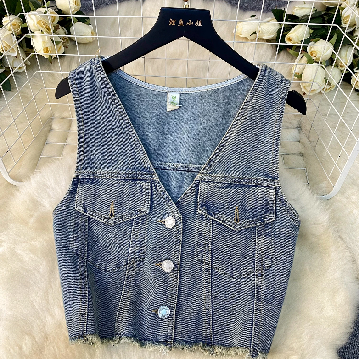 Vintage Distressed Ruffled Denim Two Piece Shorts Suit For Women's Summer Autumn Sleeveless Vest +High Waisted Skirt