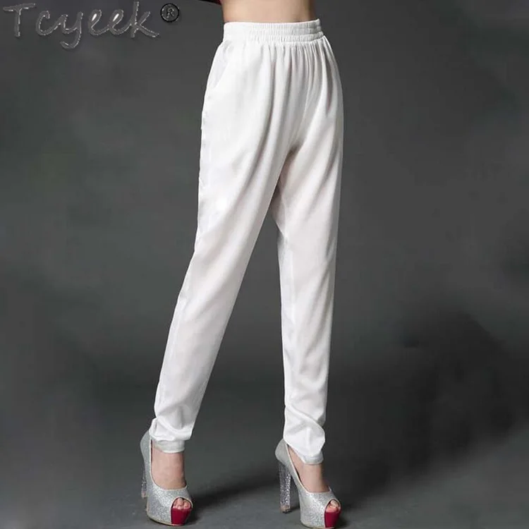 

Tcyeek Real Mulberry Silk Thin Pants Fashion Pants for Women Clothes High Waist Harem Pants Loose Fit Long Woman Trousers 2024