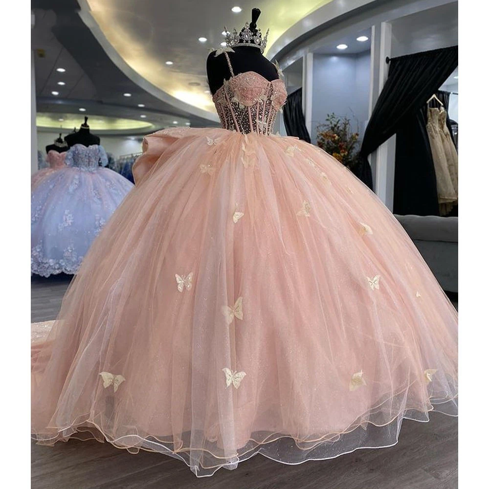 ANGELSBRIDEP vestido de baile de princesa lila con hombros descubiertos, vestidos de Quinceañera con lazo, apliques de cuentas, fiesta de cumpleaños