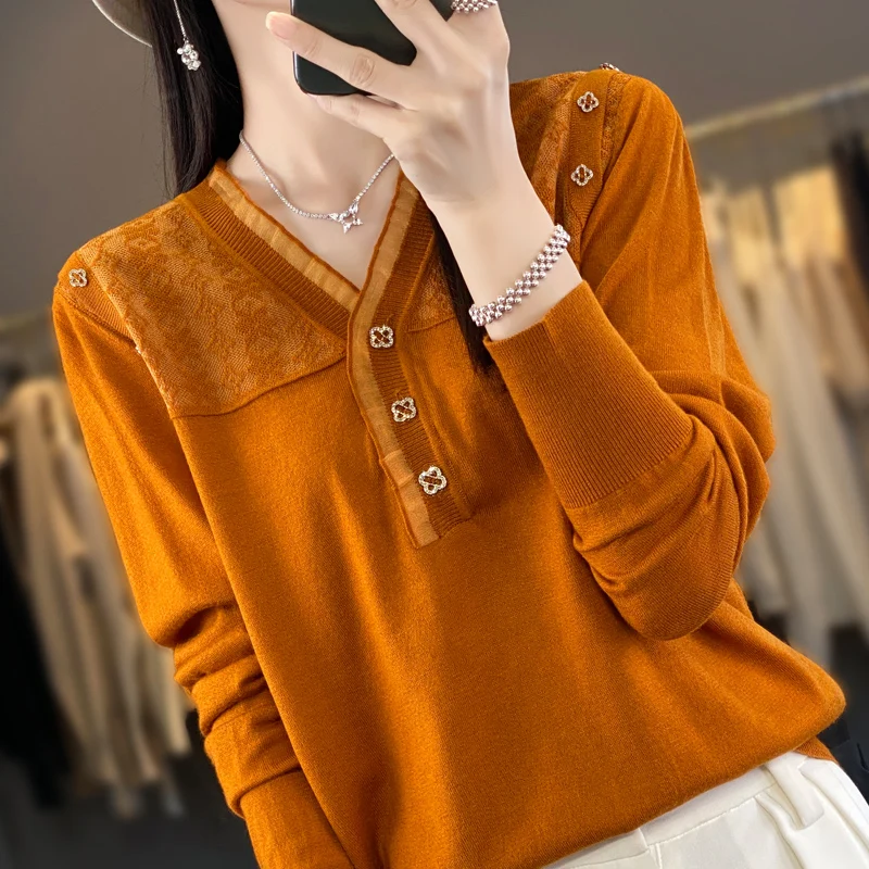 

2024Temperament Pumpkin Spring and Autumn V-neck Long sleeved Wool Knitted Top Women's PulloverWestern Style Lace Sweater Bottom