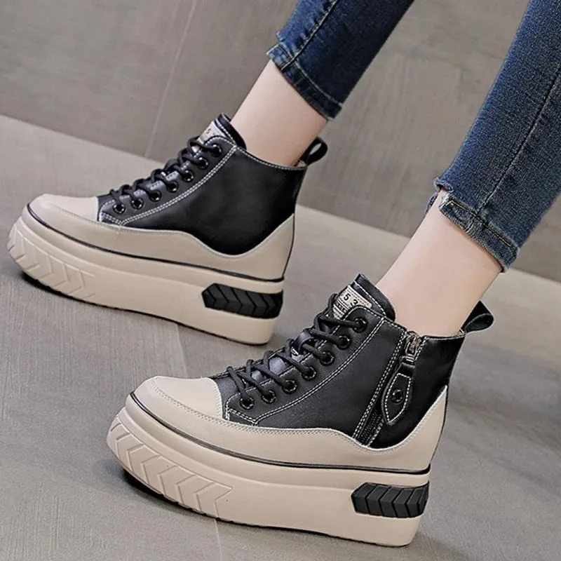 Herfst Vrouwen Hoge Top Casual Schoenen Veelzijdige Verhooging 8 cm Schoenen Platform Schoen Mode Zijrits Laarzen Merk PU Lederen schoen