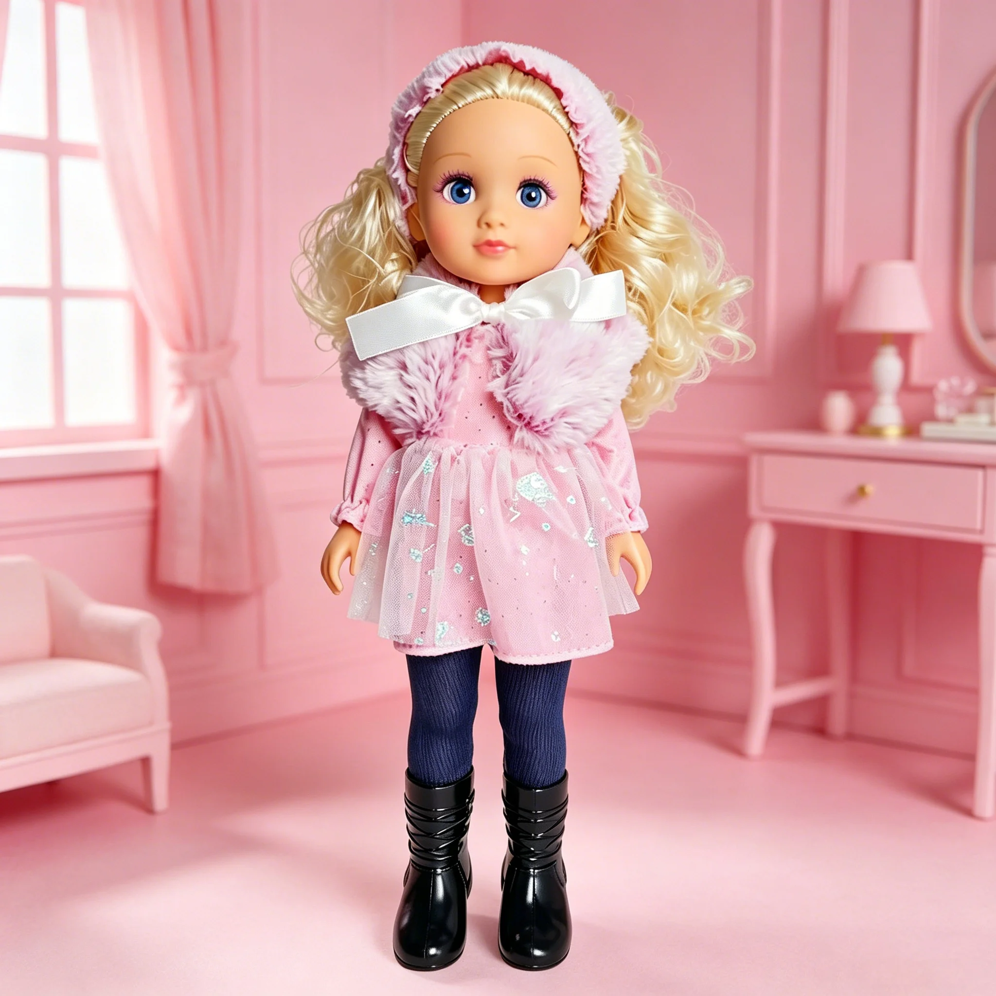 

Princess Style Doll Outfit - Pink Faux Fur Collar Dress with Bow, Complete Winter Clothing Set for 40-43cm Girl Dolls